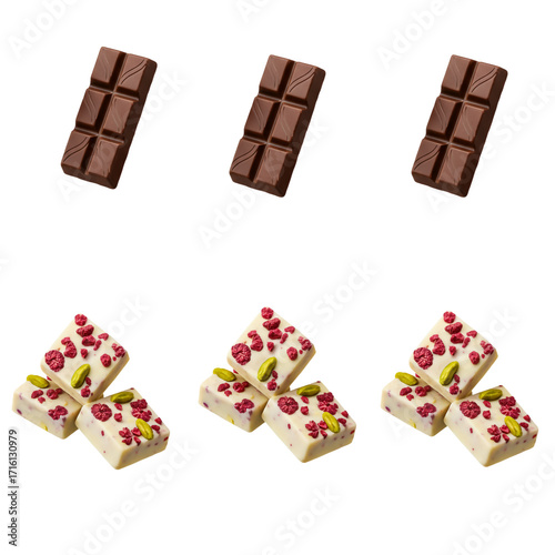 Realistic isolated chocolate set. Includes milk chocolate bars and white chocolate with raspberries and pistachios. Perfect for packaging design, confectionery branding, advertising, wrapping paper, b
