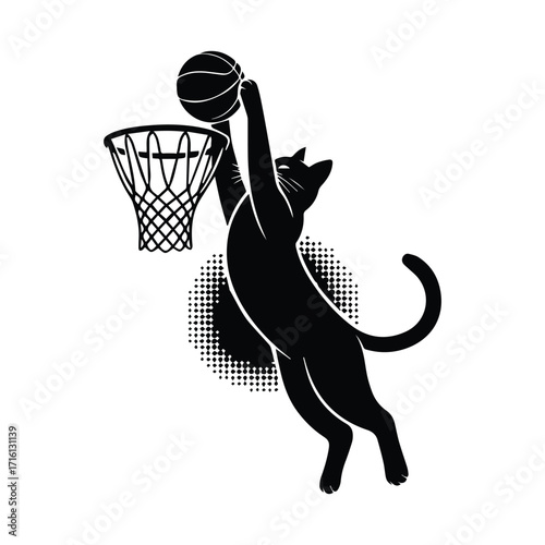 Black cat silhouette dunking a basketball into a hoop