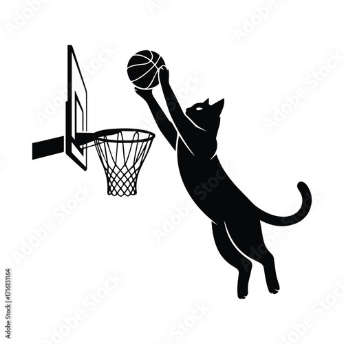 Black cat in silhouette jumping to dunk a basketball into a hoop