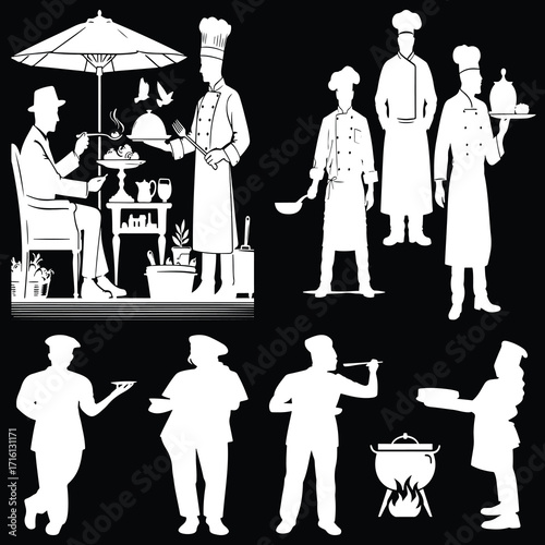 A detailed scene showcasing professional chefs and waitstaff preparing and serving gourmet dishes in a stylish culinary environment, emphasizing teamwork, creativity, and fine dining excellence
