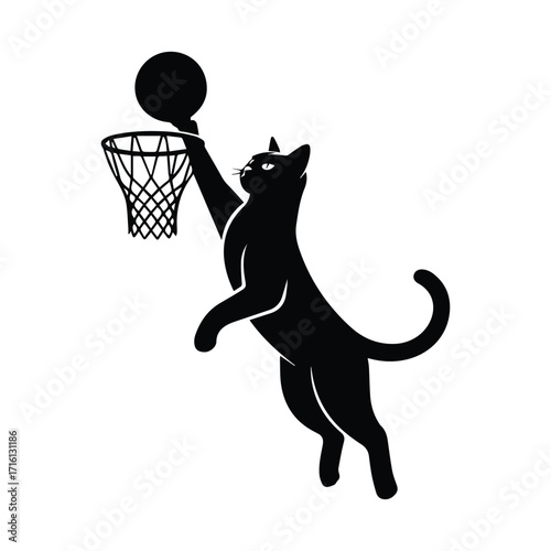 Playful black cat silhouette reaching for a basketball in a hoop silhouette