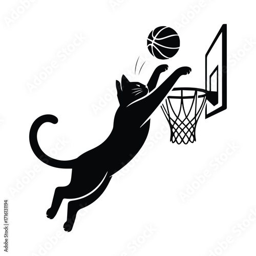Black cat silhouette leaping to dunk a basketball into a net