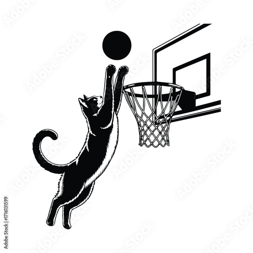 Playful cat silhouette leaping to dunk a basketball on a hoop