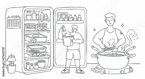 Man Cooking Delicious Meal in Kitchen, Line Art Illustration