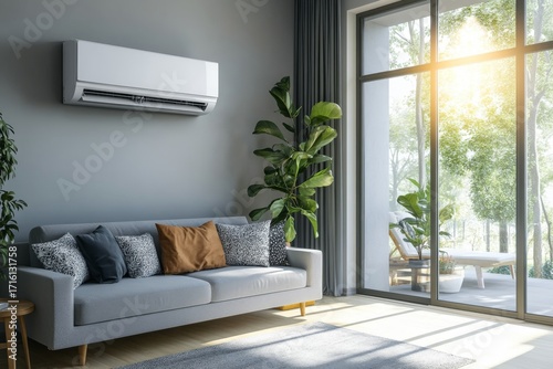 Modern living room with gray sofa air conditioner large plant and sunlit windows overlooking greenery