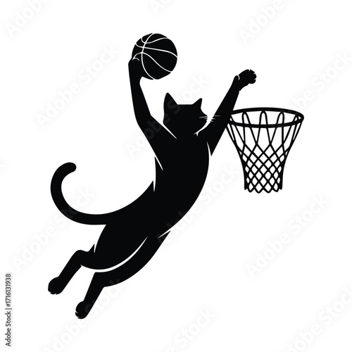Playful black cat silhouette performing a slam dunk on a basketball hoop silhouette