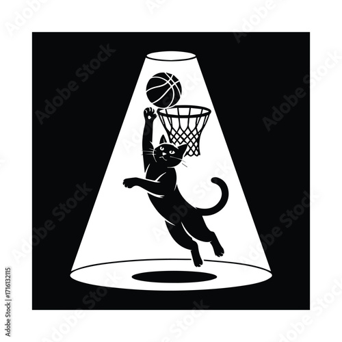 Black cat silhouette leaping to dunk a basketball in a spotlight silhouette