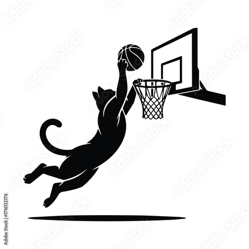 Athletic cat silhouette leaping to dunk a basketball silhouette
