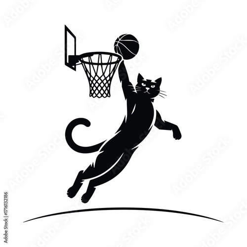 Agile black cat silhouette performing a slam dunk on a basketball hoop