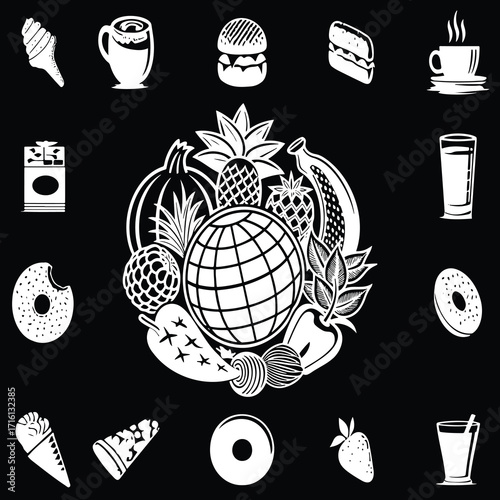 A diverse collection of food and beverage icons surrounding a globe with tropical fruits and leaves, emphasizing international cuisine, fresh ingredients, and refreshing drinks