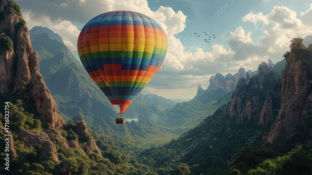 Obraz premium Hot air balloon over lush mountain valley