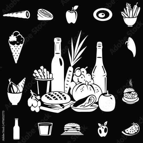 A detailed collection of food and drink items including fruits vegetables beverages desserts and fast food arranged in a visually appealing composition