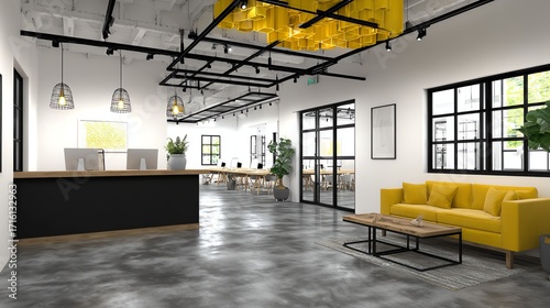 A brightly lit, modern office reception area features a striking contrast between dark wood accents and vibrant yellow furnishings, creating an inviting and productive atmosphere for visitors and