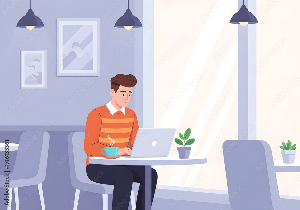 Fototapeta premium Man working on a laptop at a table in a bright cafe with a cup of coffee and plants
