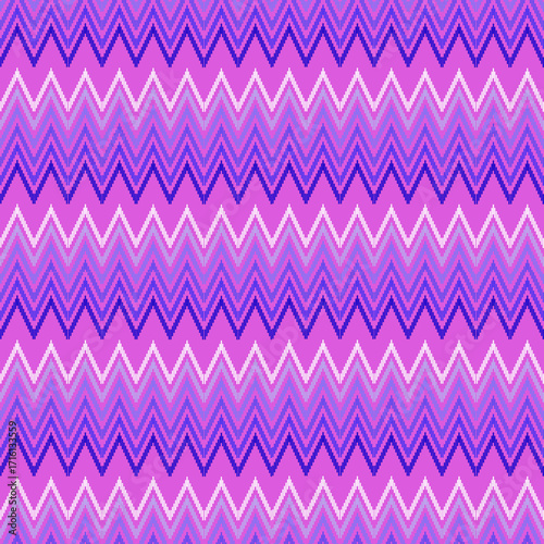  A colorful, ikat-style textile pattern composed of continuous, jagged chevron stripes in shades of pink, purple, blue, yellow, and white.