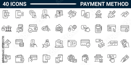 Set of 40 outline icons related to payment method. Linear icon collection. Editable stroke. Vector illustration