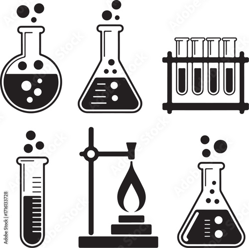 Science lab equipment icons bubbly liquid and flame