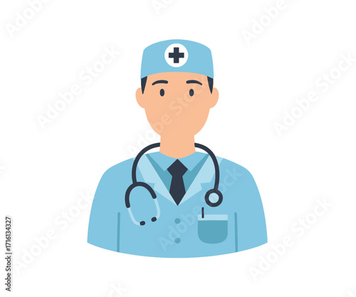 A flat vector icon of a male doctor wearing a lab coat, surgical cap, and a stethoscope on a white background.