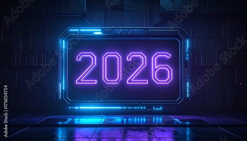 Futuristic digital display shows the year 2026 in neon purple within a glowing blue-edged panel against a textured dark metal background