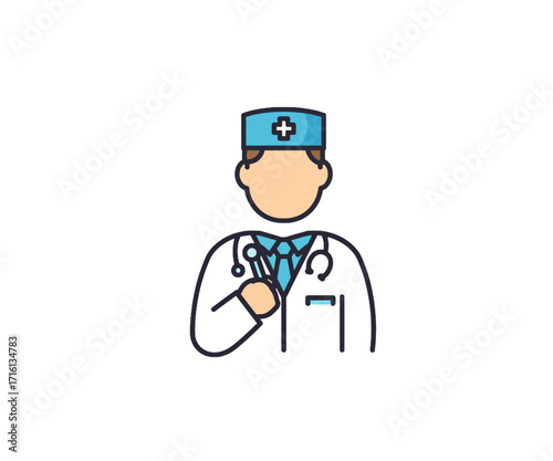 A flat vector icon of a male doctor wearing a lab coat, surgical cap, and a stethoscope on a white background.