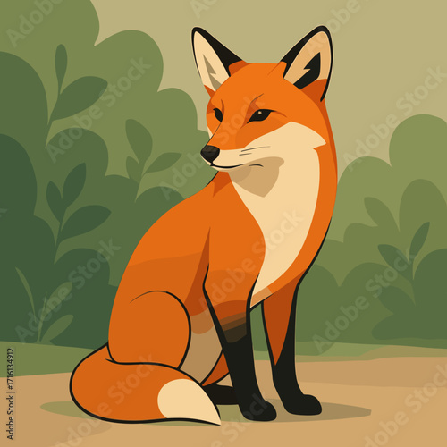 Stylized fox sitting gracefully amidst green foliage, vibrant colors, artistic illustration, nature concept
