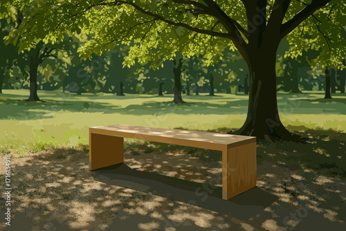 Minimalist wooden bench under a tree in a serene park, natural light, peaceful atmosphere, outdoor space