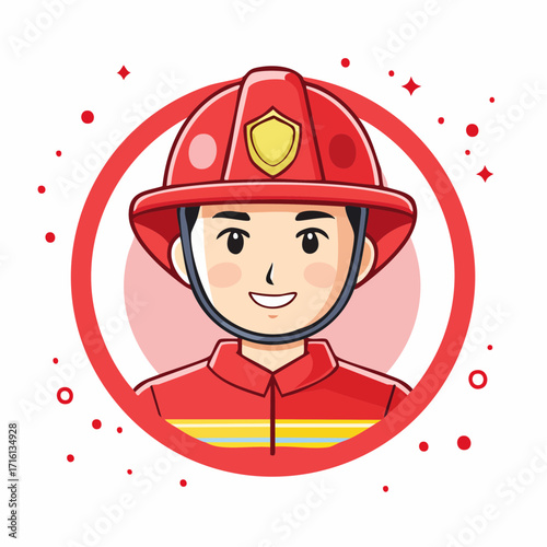 Cartoon illustration of a firefighter in uniform and helmet.