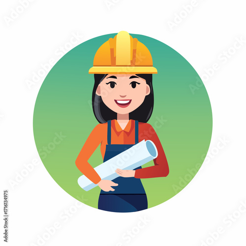 Illustration of a female construction worker holding blueprints and wearing a hard hat.