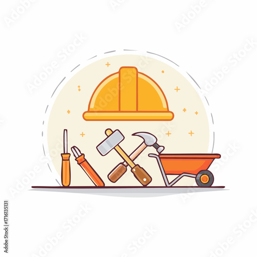 Illustration of construction tools and a hard hat on a white background.
