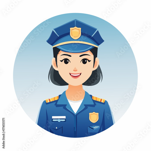 Illustration of a smiling female police officer in uniform with a blue hat and badge on a light blue background.