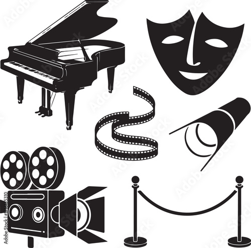 Stage performance icons piano film mask spotlight cinema velvet rope