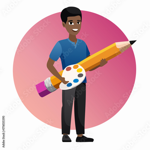 Illustration of a man holding a large pencil and paint palette.