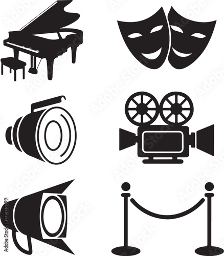 Stage lights, piano, masks, camera, and velvet rope icons