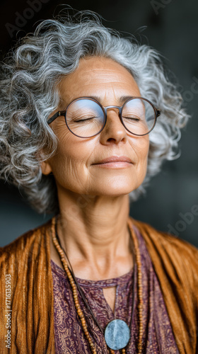 Elderly woman with curly gray hair and glasses practices mindfulness, eyes closed, peaceful expression, wearing bohemian clothing and necklace