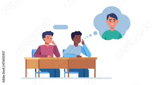 Students thinking about friend at school classroom desk education learning studying concept vector