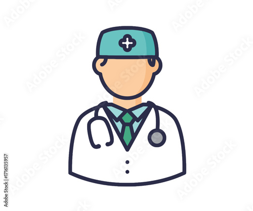 A flat vector icon of a male doctor wearing a lab coat, surgical cap, and a stethoscope on a white background.