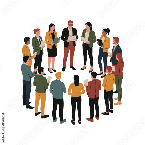 Diverse group of business professionals gathered in a circle discussing ideas teamwork and collaboration