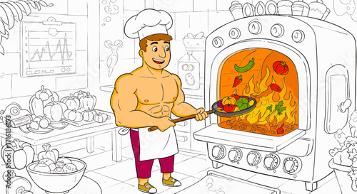 Muscular Chef Cooking Delicious Vegetables in a Large Oven