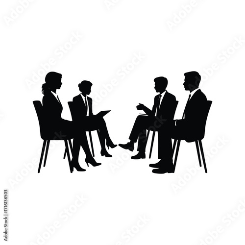 Business people meeting discussing ideas silhouettes sitting on chairs in conference discussion group