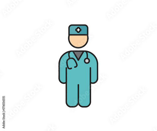 A flat vector icon of a male doctor wearing a lab coat, surgical cap, and a stethoscope on a white background.