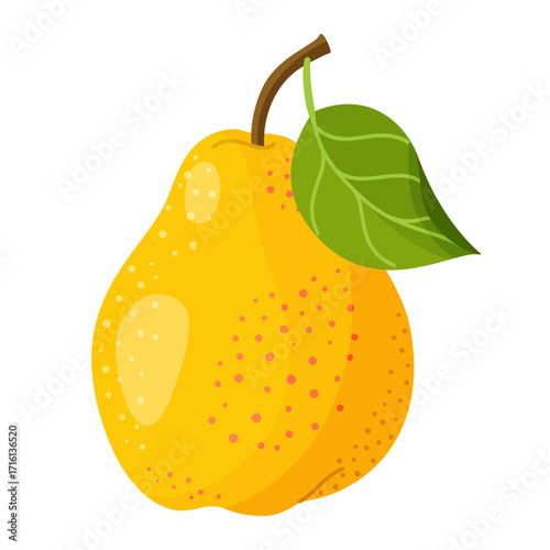 Fresh juicy yellow pear with green leaf. Modern flat style isolated on transparent background. For healthy eating, blogs, packaging, labels, eco friendly, social media, stickers, menu, poster
