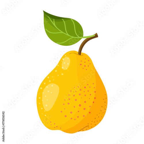 Fresh juicy yellow pear with green leaf. Modern flat style isolated on transparent background. For healthy eating, blogs, packaging, labels, eco friendly, social media, stickers, menu, poster