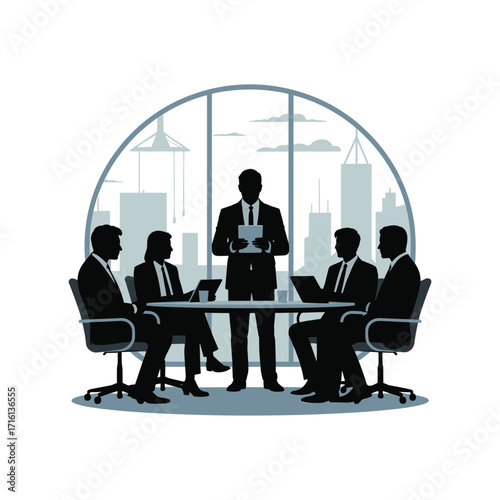 Business meeting silhouette team collaboration around table with cityscape view in background