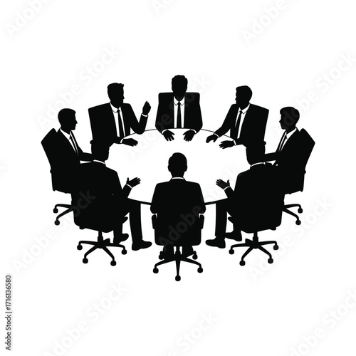 Teamwork and collaboration concept silhouette of people in a business meeting around a round table