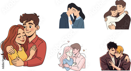 Cartoon couples hugging, romantic love scenes, affectionate embraces, sweet relationship, vector illustration, happy lovers, Valentine's Day