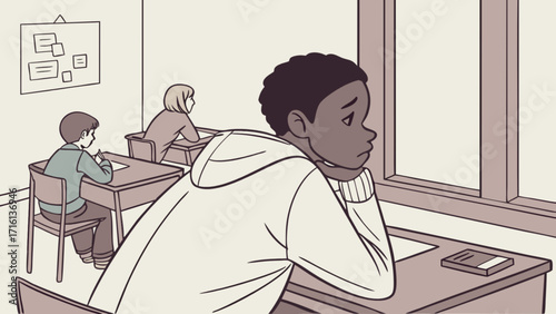 Illustration of sad student in classroom looking out window feeling lonely and isolated at school