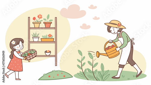 Illustration of family gardening together mother and daughter watering plants and harvesting crops