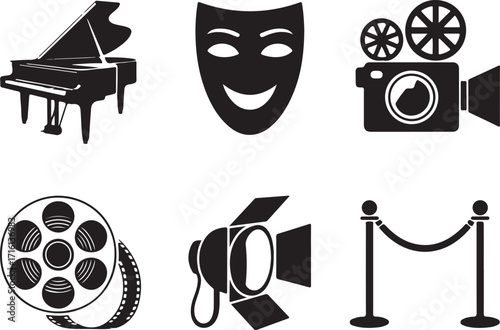 Arts entertainment icons piano mask camera film spotlight red carpet