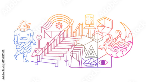 Abstract surreal drawing with stairs, moon, figure, and geometric shapes vector illustration