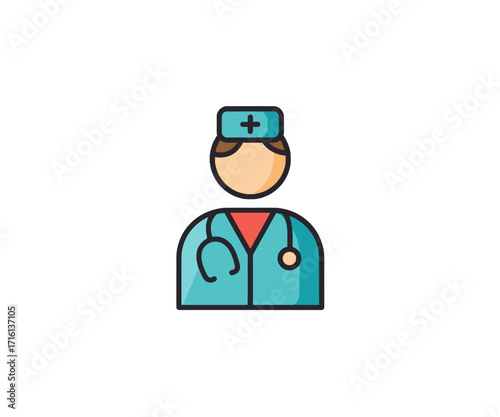 A colorful cartoon icon of a doctor or surgeon wearing a medical cap and a stethoscope on a white background.